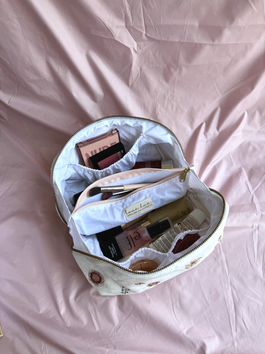 Flat-lay Floral Imprints Makeup Bag In White